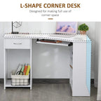 White L-shaped corner desk with open shelving and pull-out keyboard tray