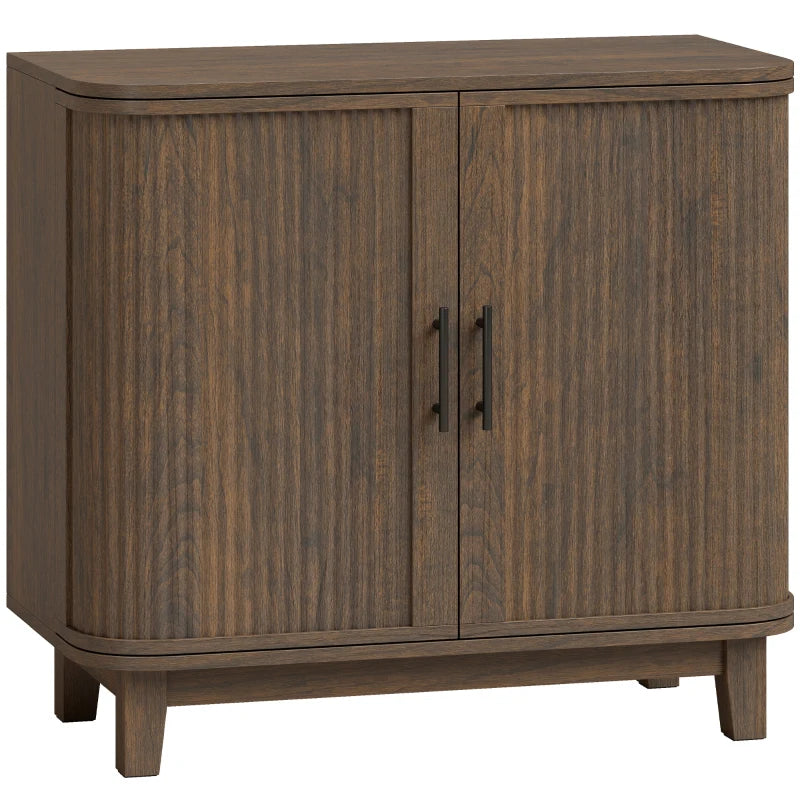 Dark walnut sideboard cabinet with curved double doors and black bar handles