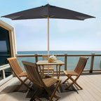 Dark grey patio parasol over wooden table set with fabric canopy and pole