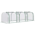 Clear PVC tunnel greenhouse with green steel frame, arched roof and end panels