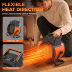 Orange and black industrial heater with glowing ceramic grille and top handle