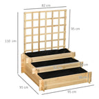 Natural wood 3-tier raised planter with trellis showing dimensions and black liner inside beds