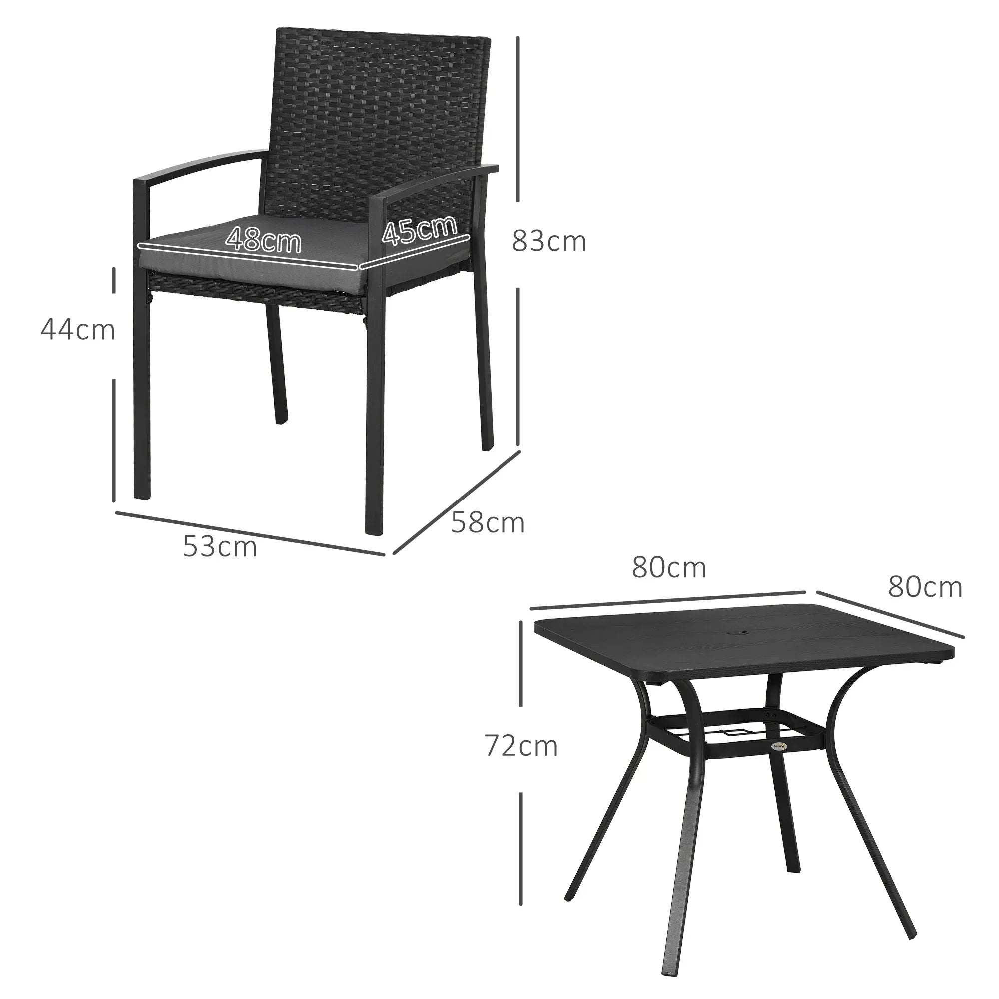 Five-Piece Garden Dining Set, with Rattan Seat Chairs and Cushions - Black - Bobobiy