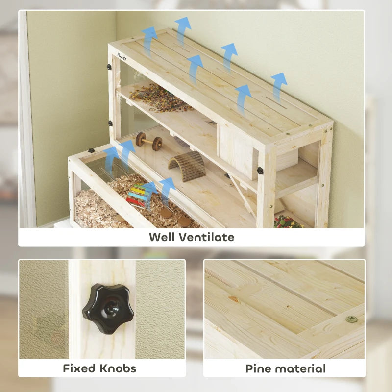 Wooden hamster cage with clear top panel, fixed knobs, and pine construction