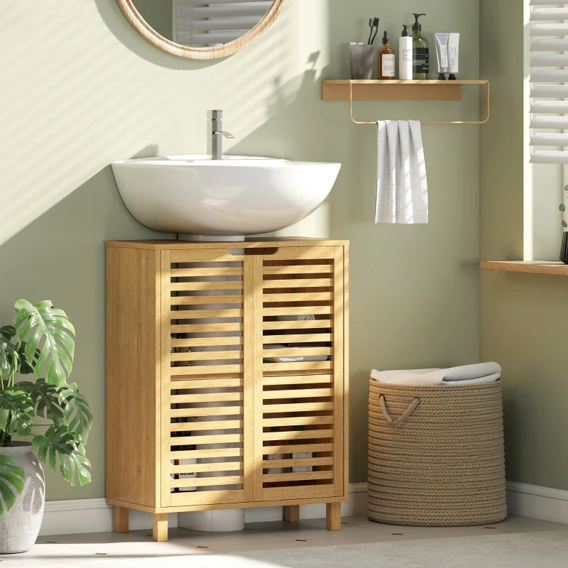 Natural wood under-sink cabinet with two louvered doors and tall cabinet feet