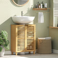 Natural wood under-sink cabinet with two louvered doors and tall cabinet feet