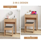 Wood vanity set with flip-up mirror and padded stool seat