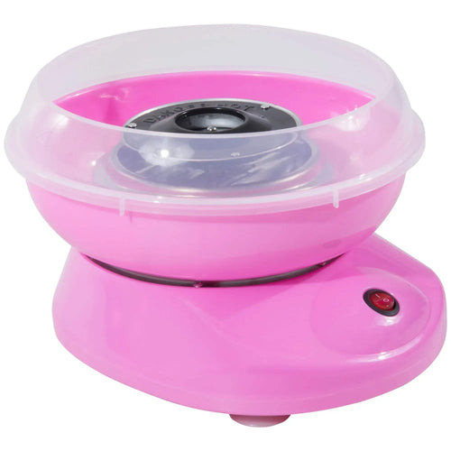 Pink electric cotton candy machine with clear dome lid and black heating plate