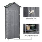 Dark grey wooden shed cabinet with double doors closed and barrel-bolt locks