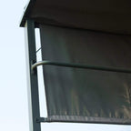 Outdoor BBQ shelter side panel and adjustable metal support with dark canopy fabric