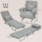 Light grey convertible sofa bed chair shown unfolded with padded seat and armrests