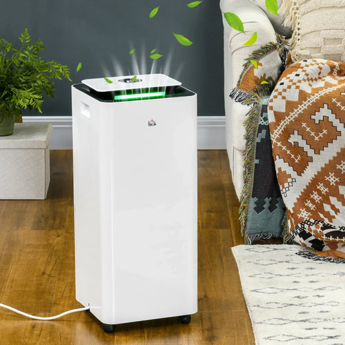 White portable dehumidifier with air purifier on caster wheels, front view