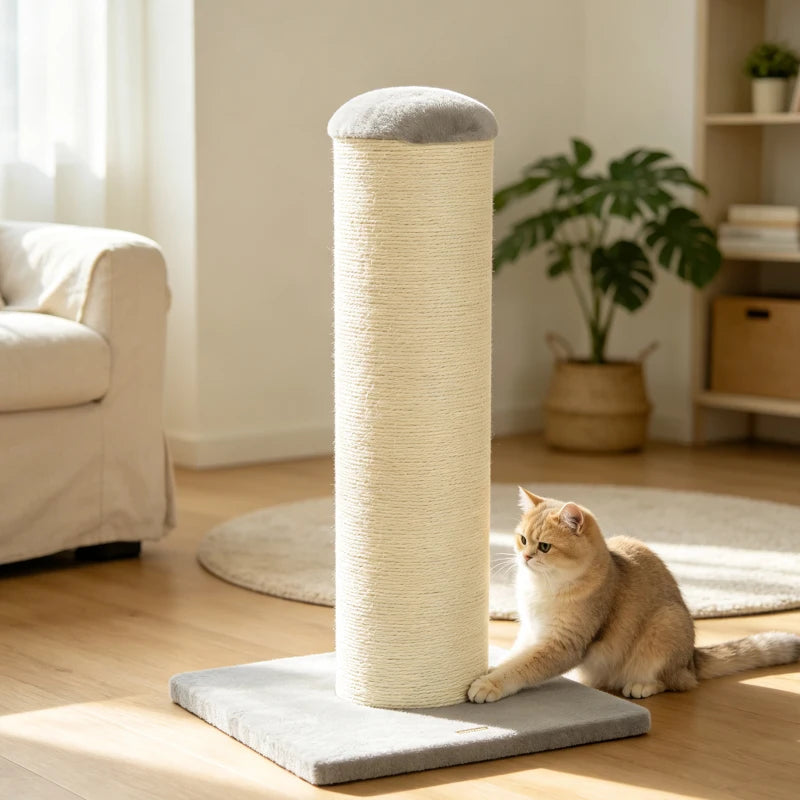 Cream sisal cat scratching post with gray cap and rectangular gray base