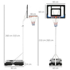 Adjustable basketball hoop with net, backboard, and wheeled base showing size diagram