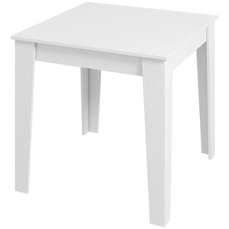 White square dining table with flat tabletop and four straight legs.