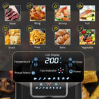 Black air fryer control panel with LED temperature, timer, and preset menu indicators