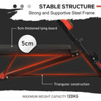 Weight bench base close-up with thick black pad and red underframe