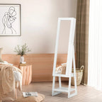 White jewelry cabinet standing mirror with A-frame legs and storage compartments