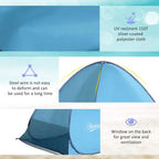 Blue pop-up beach tent with UV-resistant polyester fabric and rear mesh window
