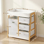 White baby changing table with fabric basket and three drawers, wooden frame and top pad.