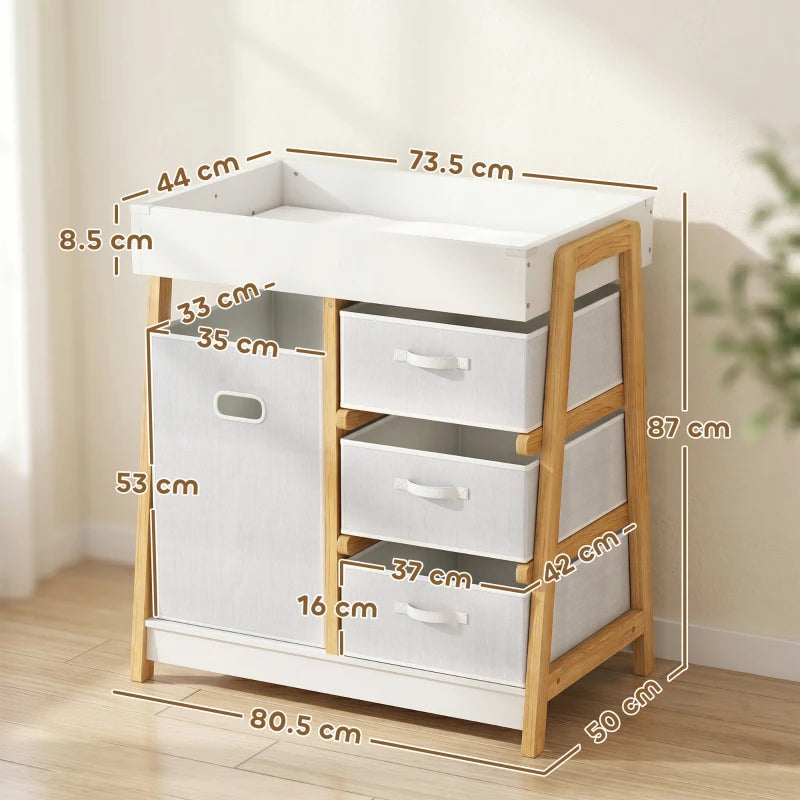 White baby changing table with fabric basket and three drawers, wooden frame and top pad.