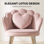 Pink lotus-style velvet armchair with heart cushion and gold-tone metal legs