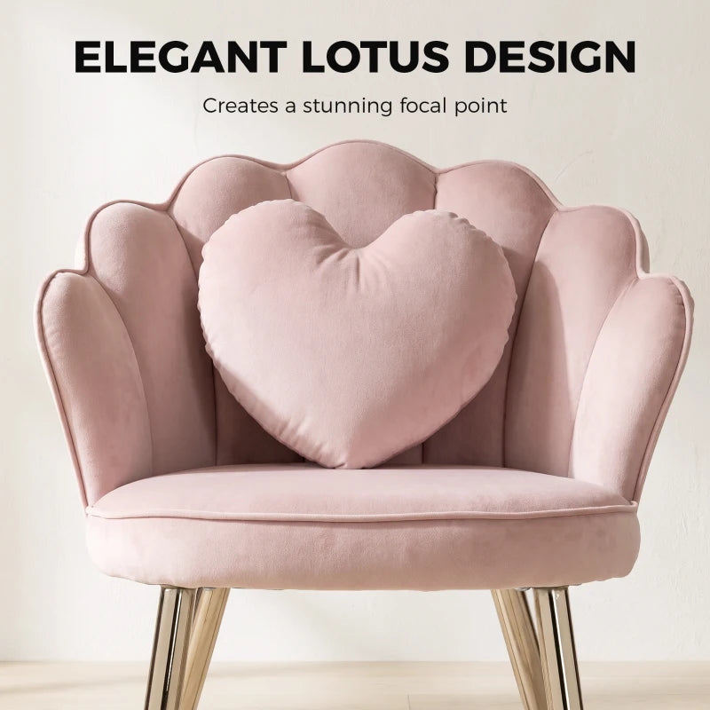 Pink lotus-style velvet armchair with heart cushion and gold-tone metal legs