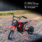 Red electric kids motorbike front and side view on rocky ground