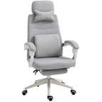 Light grey fabric high-back office chair with headrest and lumbar pillows, armrests, footrest