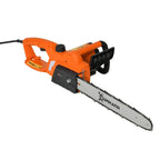 Orange corded electric chainsaw with black guide bar, chain, and protective front handguard