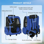 Blue pet carrier backpack with mesh doors, storage pocket, and four wheels
