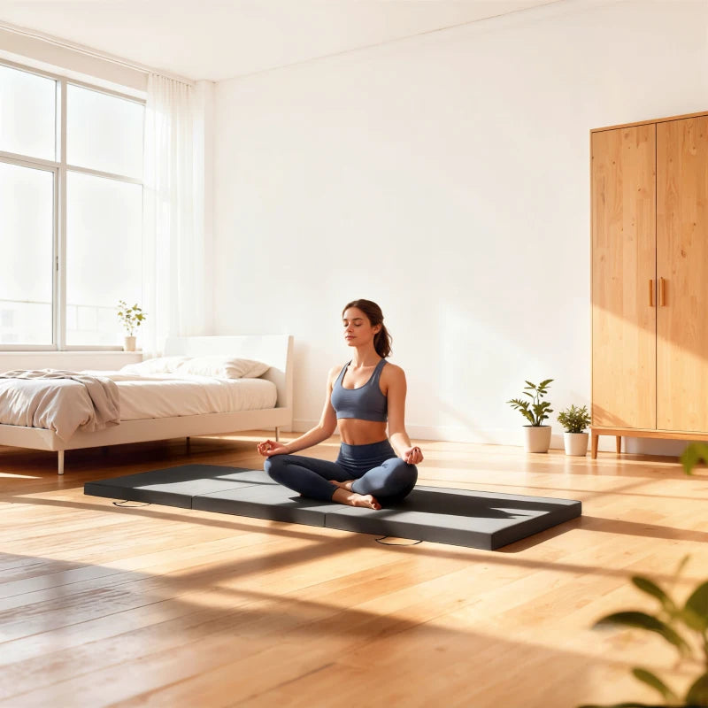 Grey foldable workout mat with tri-fold sections, used for stretching at home