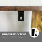 Close-up of anti-tipping mounting bracket on a black metal bookcase frame and base.