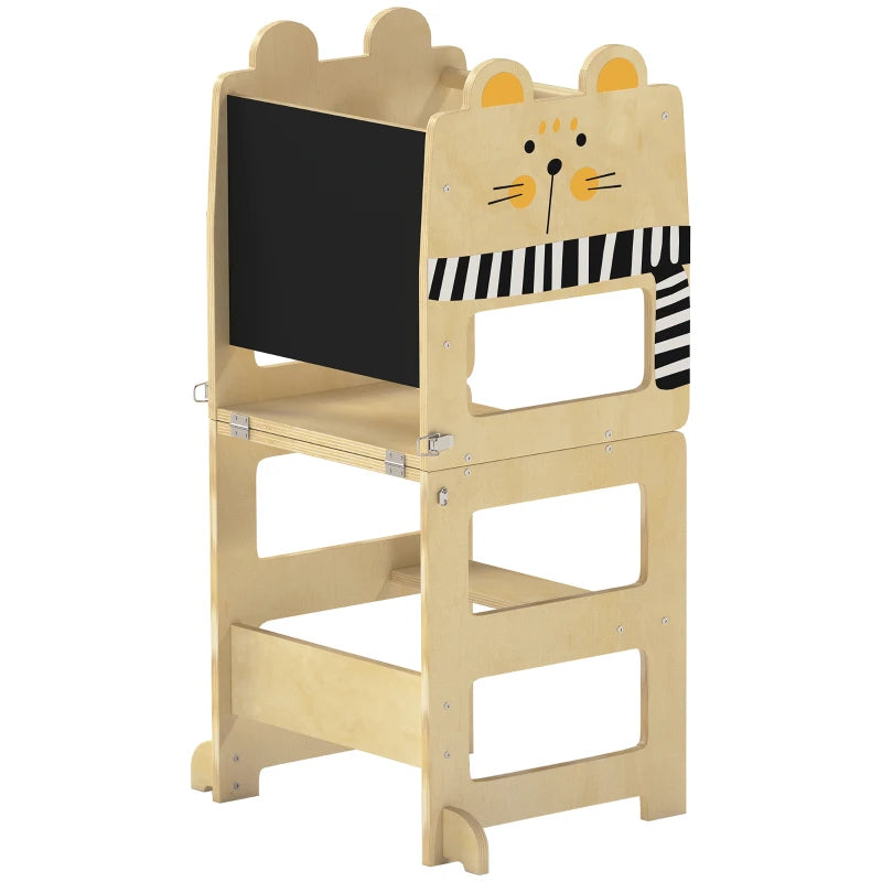 Natural wood toddler step stool tower with cat-shaped chalkboard front and 3 steps
