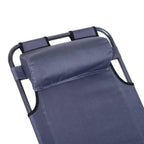Grey folding sun lounger recliner with padded headrest and stitched fabric back panel
