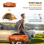Orange dome tent packed with carry bag; set includes guy ropes and stakes