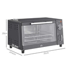 Grey countertop mini oven dimension view with glass door and two side control knobs.
