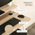 Oak wood-grain tabletop details: round corner edge and cable management hole