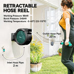 Retractable hose reel on wall with extended hose and teal spray nozzle