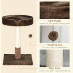 Brown cat tree showing plush bed, hanging ball toy, and sisal-textured scratching post