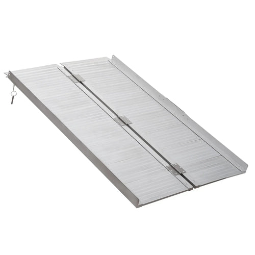Silver aluminum folding wheelchair ramp with hinged center sections and side support hooks