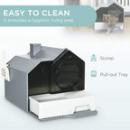 Grey enclosed cat litter box with pull-out tray, front entrance, and included scoop.