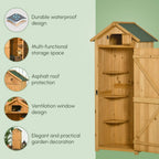 Brown wooden outdoor storage shed with gable roof and open-door interior shelves