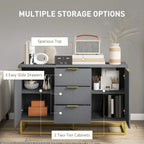 Grey sideboard cabinet open showing 3 sliding drawers and two adjustable shelves