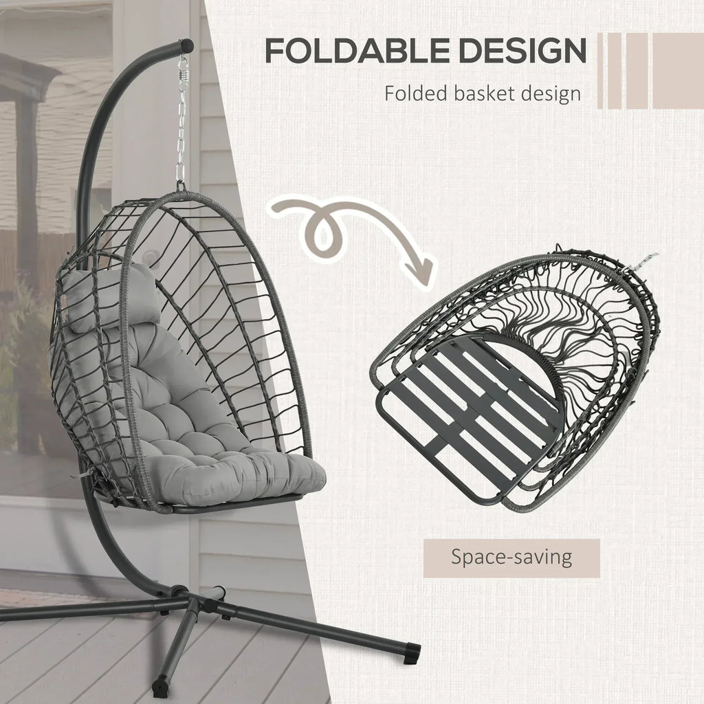 Outdoor PE Rattan Swing Chair with Foldable Basket and Cushion, Garden Patio Hanging Egg Chair with Metal Stand, Headrest for Indoor and Outdoor, Light Grey - Bobobiy
