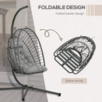Hanging egg swing chair with folded basket style and light grey padded cushion