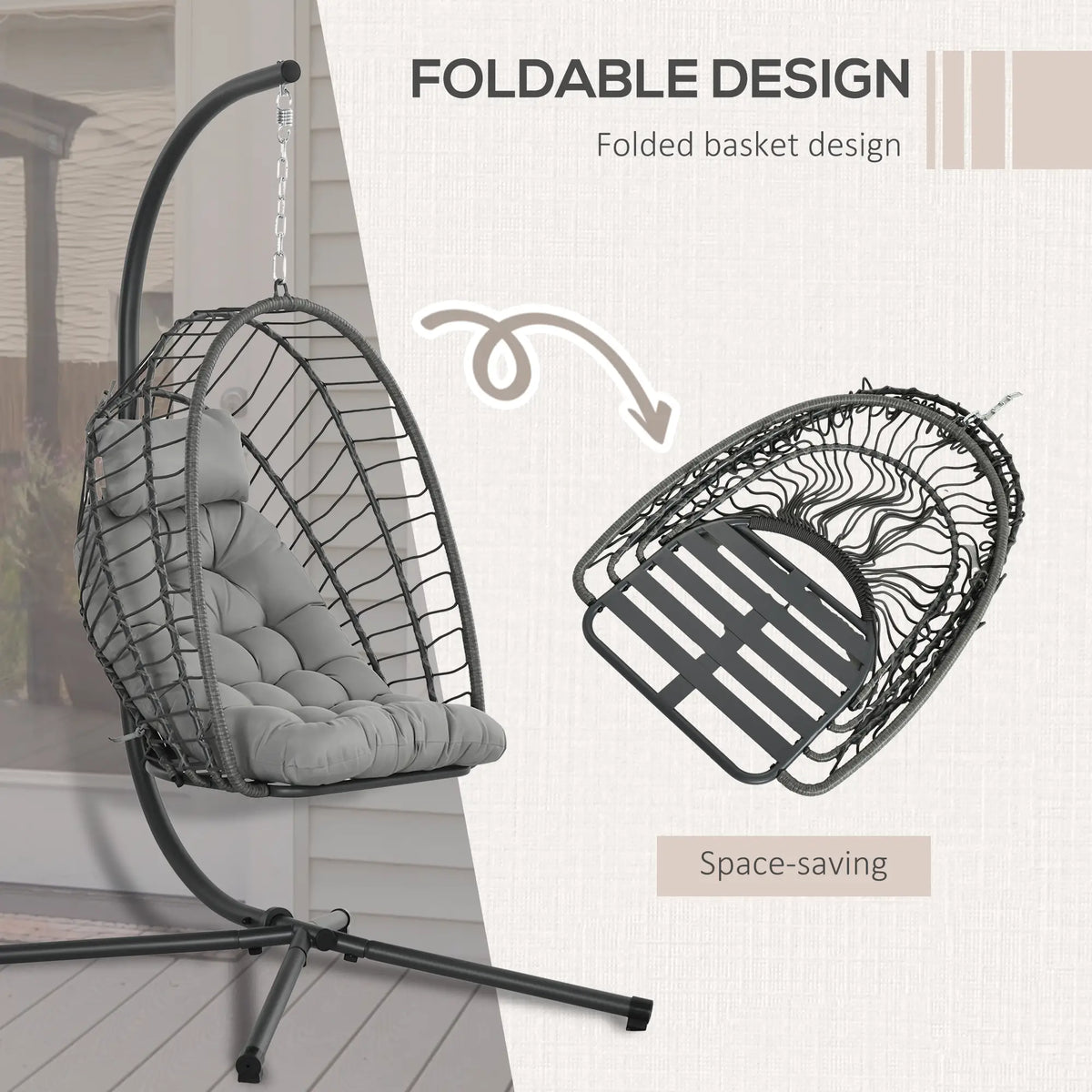 Outsunny Outdoor PE Rattan Swing Chair with Foldable Basket and Cushion, Garden Patio Hanging Egg Chair with Metal Stand