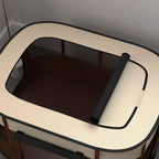 Brown foldable dog pen with large front viewing window and black trim