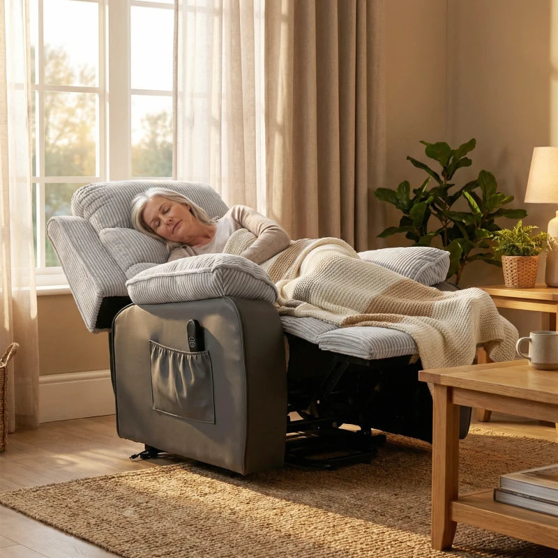 Light grey corduroy electric lift recliner chair in lifted recline position