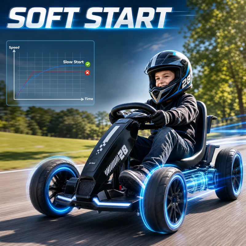 Black electric kids go kart with blue LED wheel lights and rider in helmet